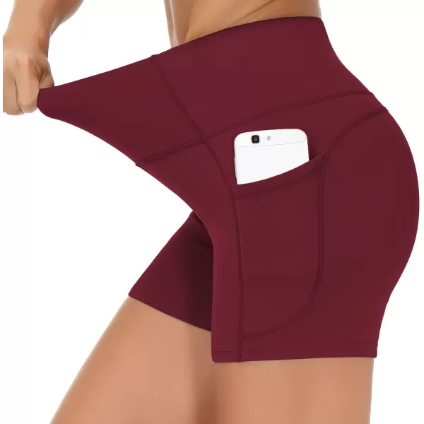 THE GYM PEOPLE High Waist Yoga Shorts for Womens Tummy Control Fitness Athletic Workout Running Shorts with Deep PocketsWine Red