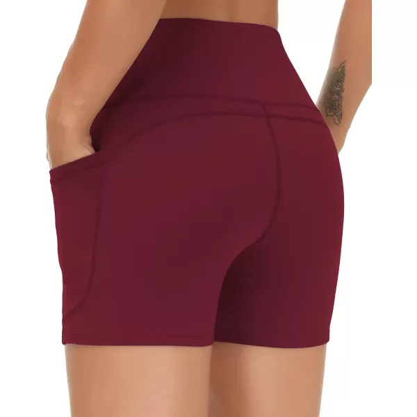 THE GYM PEOPLE High Waist Yoga Shorts for Womens Tummy Control Fitness Athletic Workout Running Shorts with Deep PocketsWine Red