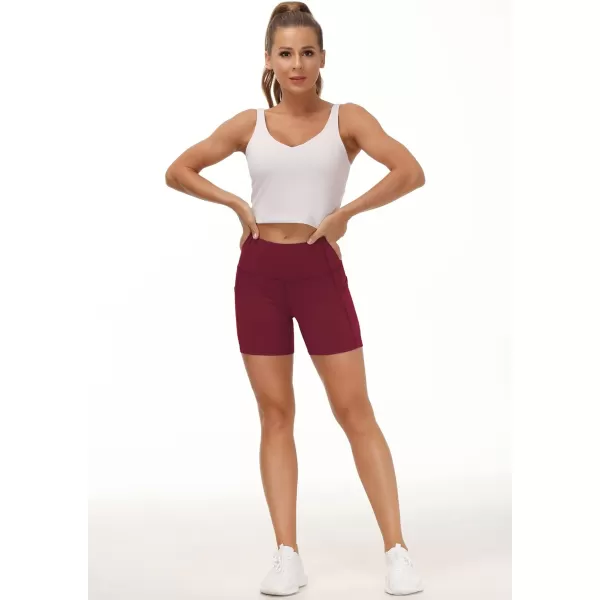 THE GYM PEOPLE High Waist Yoga Shorts for Womens Tummy Control Fitness Athletic Workout Running Shorts with Deep PocketsWine Red