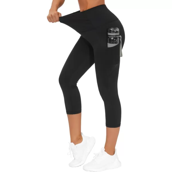 THE GYM PEOPLE Thick High Waist Capris Yoga Pants with Pockets Tummy Control Workout Running Yoga Leggings for WomenBlack