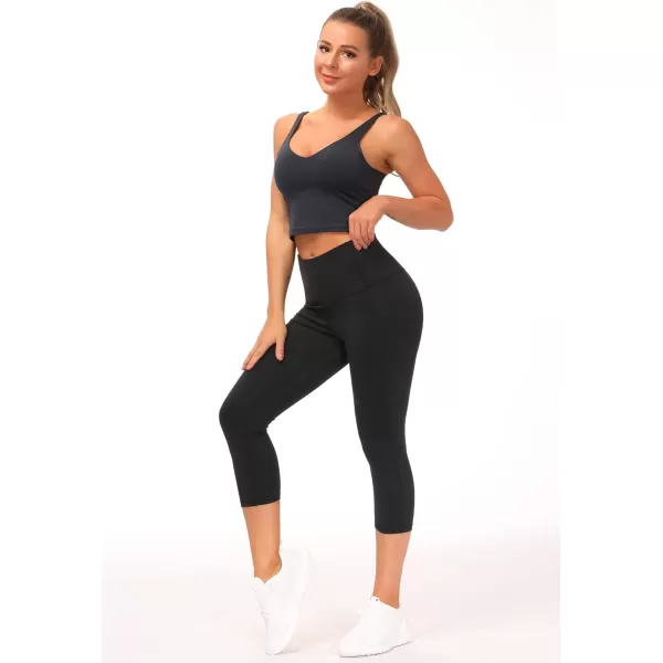THE GYM PEOPLE Thick High Waist Capris Yoga Pants with Pockets Tummy Control Workout Running Yoga Leggings for WomenBlack