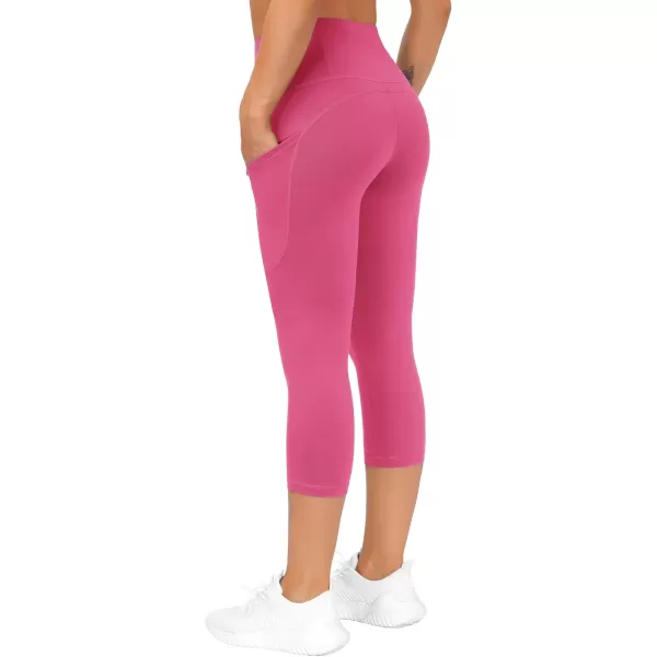 THE GYM PEOPLE Thick High Waist Capris Yoga Pants with Pockets Tummy Control Workout Running Yoga Leggings for WomenBright Pink