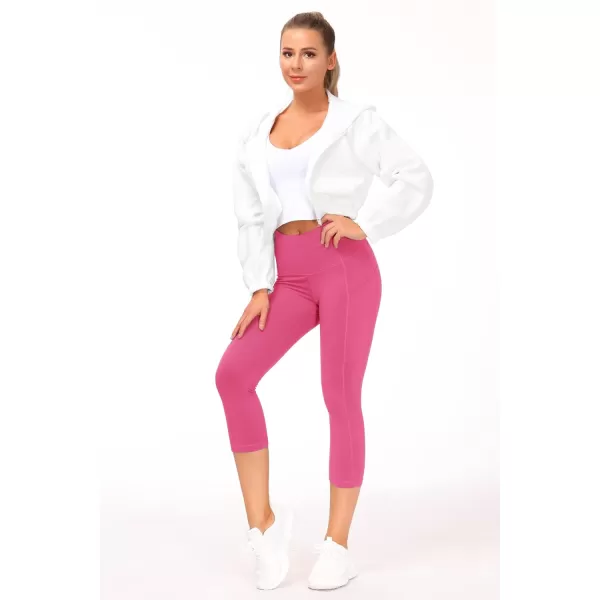 THE GYM PEOPLE Thick High Waist Capris Yoga Pants with Pockets Tummy Control Workout Running Yoga Leggings for WomenBright Pink