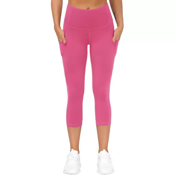 THE GYM PEOPLE Thick High Waist Capris Yoga Pants with Pockets Tummy Control Workout Running Yoga Leggings for WomenBright Pink