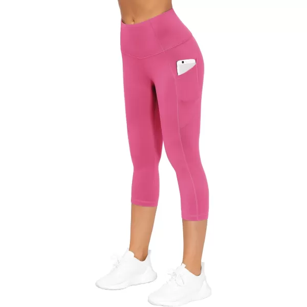THE GYM PEOPLE Thick High Waist Capris Yoga Pants with Pockets Tummy Control Workout Running Yoga Leggings for WomenBright Pink