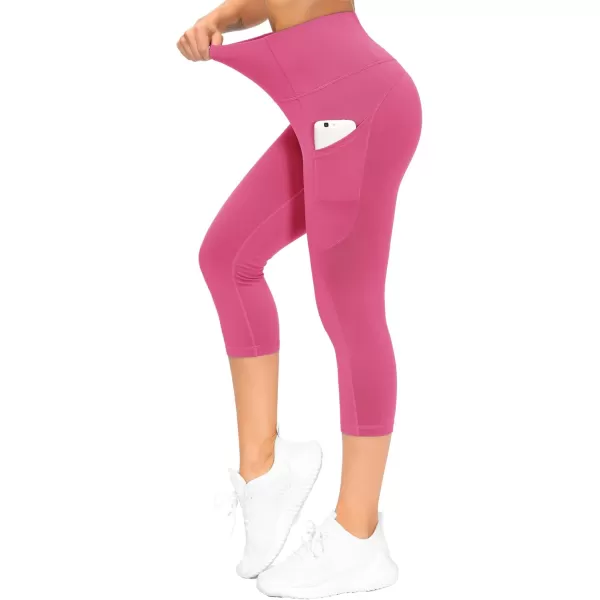 THE GYM PEOPLE Thick High Waist Capris Yoga Pants with Pockets Tummy Control Workout Running Yoga Leggings for WomenBright Pink