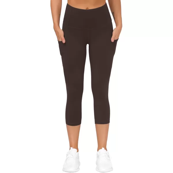 THE GYM PEOPLE Thick High Waist Capris Yoga Pants with Pockets Tummy Control Workout Running Yoga Leggings for WomenBrown
