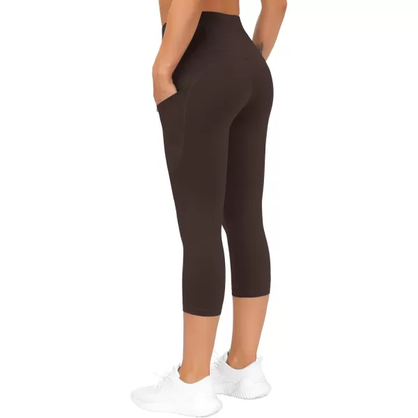 THE GYM PEOPLE Thick High Waist Capris Yoga Pants with Pockets Tummy Control Workout Running Yoga Leggings for WomenBrown