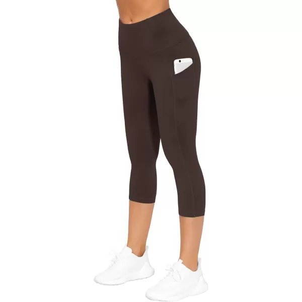 THE GYM PEOPLE Thick High Waist Capris Yoga Pants with Pockets Tummy Control Workout Running Yoga Leggings for WomenBrown