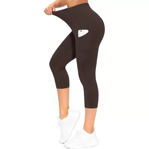 THE GYM PEOPLE Thick High Waist Capris Yoga Pants with Pockets Tummy Control Workout Running Yoga Leggings for WomenBrown