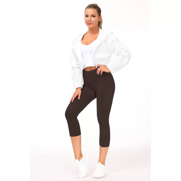 THE GYM PEOPLE Thick High Waist Capris Yoga Pants with Pockets Tummy Control Workout Running Yoga Leggings for WomenBrown