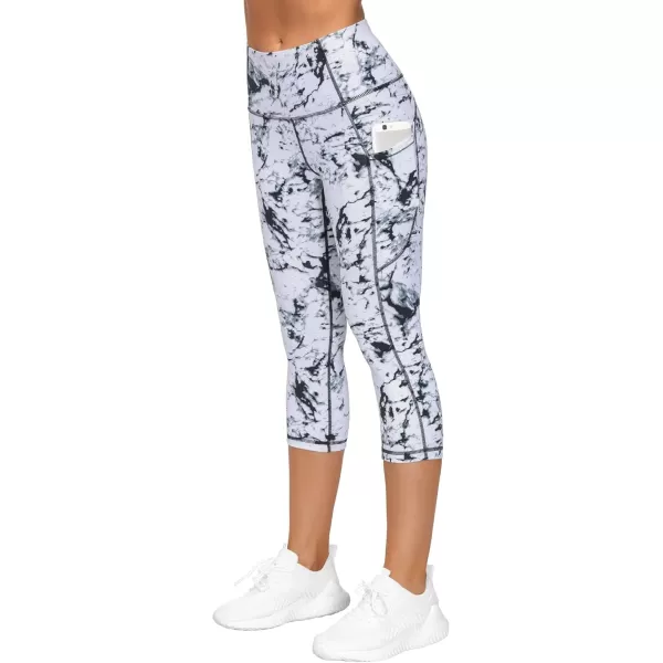 THE GYM PEOPLE Thick High Waist Capris Yoga Pants with Pockets Tummy Control Workout Running Yoga Leggings for WomenCapris Marble White