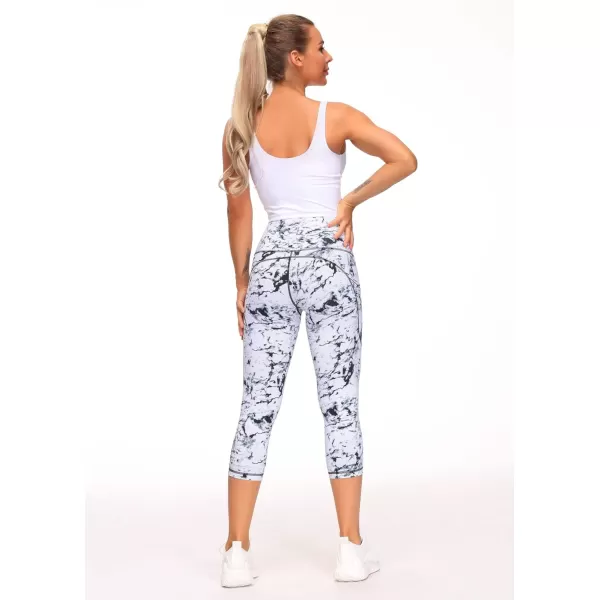 THE GYM PEOPLE Thick High Waist Capris Yoga Pants with Pockets Tummy Control Workout Running Yoga Leggings for WomenCapris Marble White