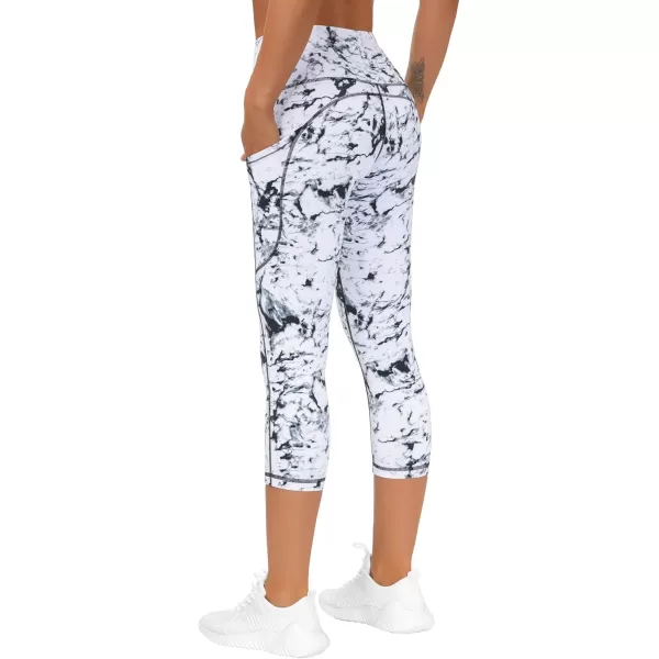 THE GYM PEOPLE Thick High Waist Capris Yoga Pants with Pockets Tummy Control Workout Running Yoga Leggings for WomenCapris Marble White