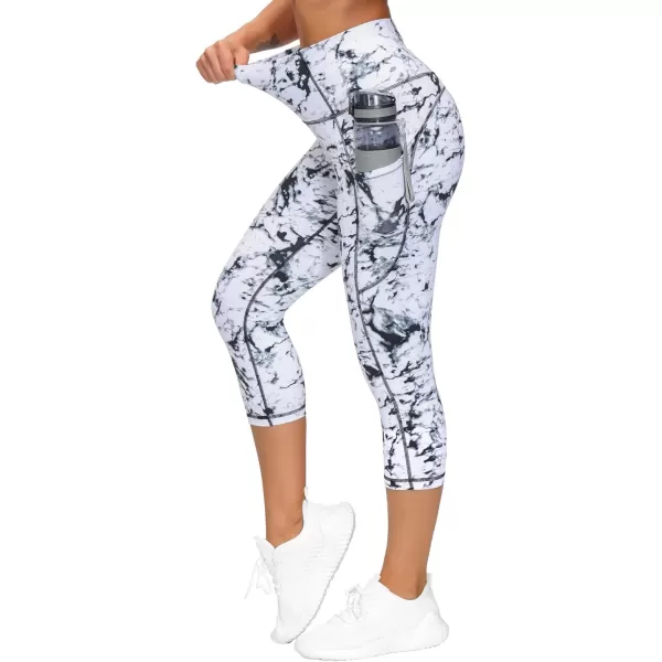 THE GYM PEOPLE Thick High Waist Capris Yoga Pants with Pockets Tummy Control Workout Running Yoga Leggings for WomenCapris Marble White