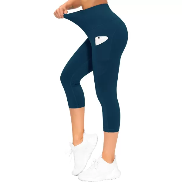 THE GYM PEOPLE Thick High Waist Capris Yoga Pants with Pockets Tummy Control Workout Running Yoga Leggings for WomenDark Blue Green