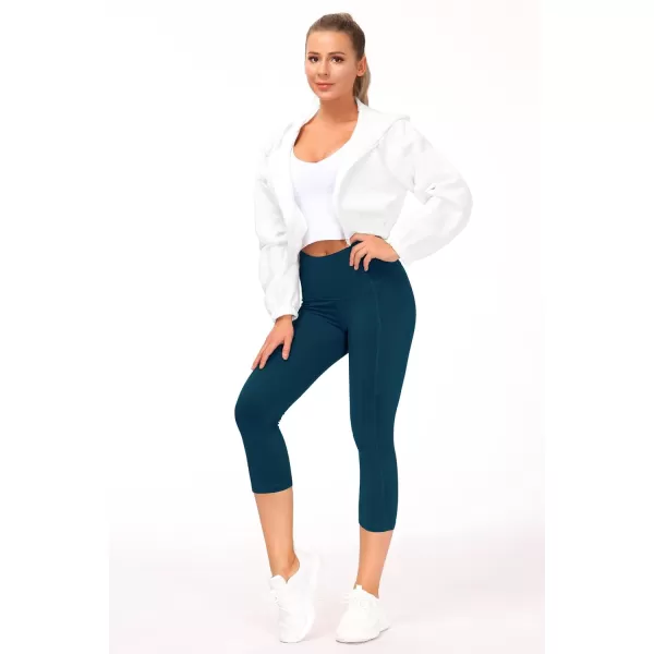 THE GYM PEOPLE Thick High Waist Capris Yoga Pants with Pockets Tummy Control Workout Running Yoga Leggings for WomenDark Blue Green