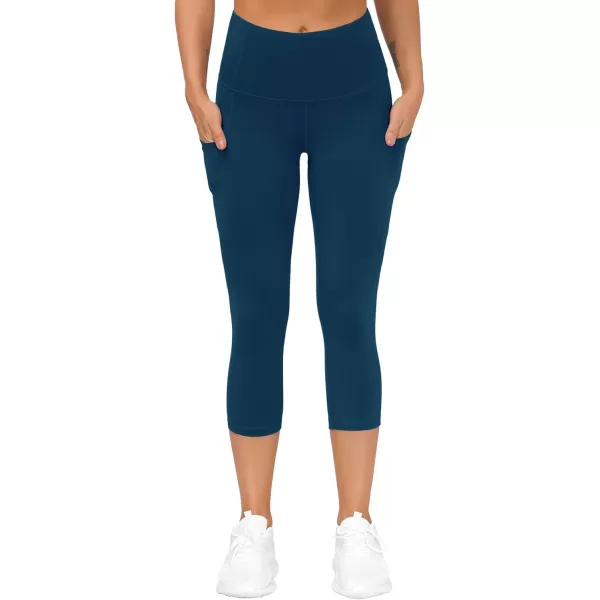 THE GYM PEOPLE Thick High Waist Capris Yoga Pants with Pockets Tummy Control Workout Running Yoga Leggings for WomenDark Blue Green