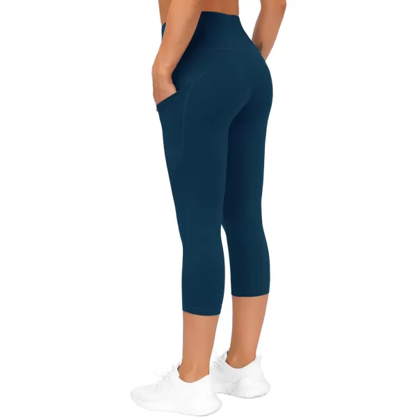 THE GYM PEOPLE Thick High Waist Capris Yoga Pants with Pockets Tummy Control Workout Running Yoga Leggings for WomenDark Blue Green