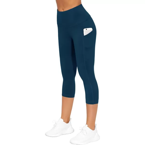 THE GYM PEOPLE Thick High Waist Capris Yoga Pants with Pockets Tummy Control Workout Running Yoga Leggings for WomenDark Blue Green