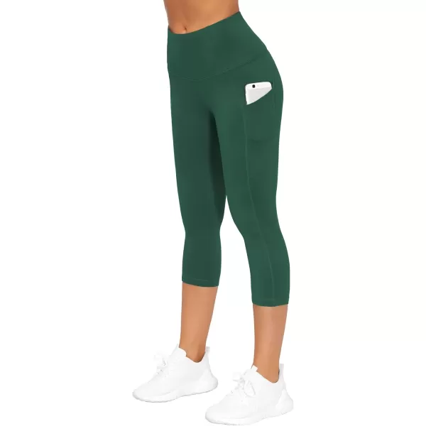 THE GYM PEOPLE Thick High Waist Capris Yoga Pants with Pockets Tummy Control Workout Running Yoga Leggings for WomenDark Green