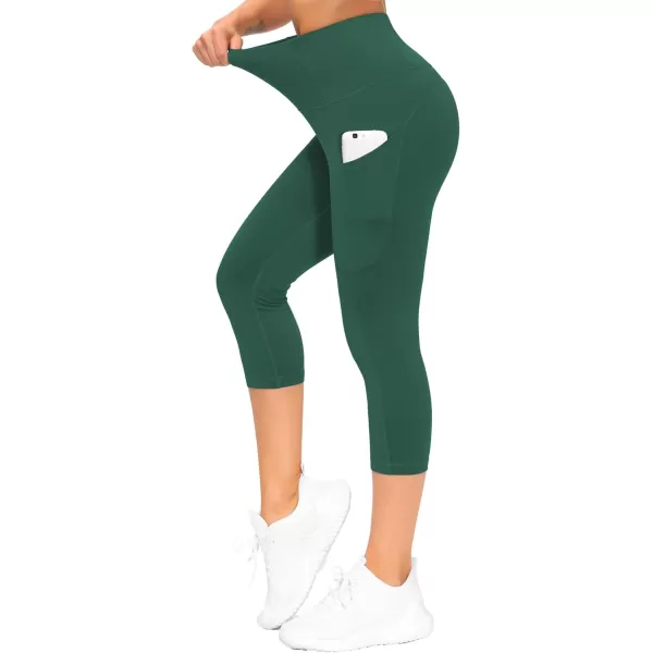 THE GYM PEOPLE Thick High Waist Capris Yoga Pants with Pockets Tummy Control Workout Running Yoga Leggings for WomenDark Green
