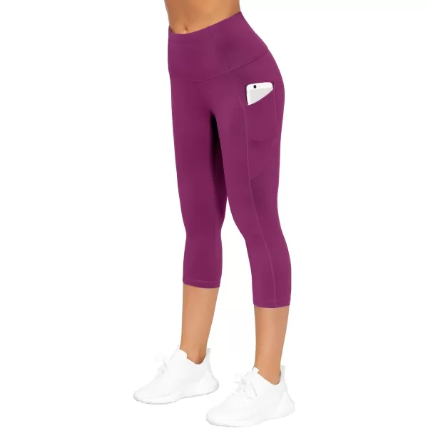 THE GYM PEOPLE Thick High Waist Capris Yoga Pants with Pockets Tummy Control Workout Running Yoga Leggings for WomenFuchsia