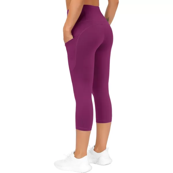 THE GYM PEOPLE Thick High Waist Capris Yoga Pants with Pockets Tummy Control Workout Running Yoga Leggings for WomenFuchsia