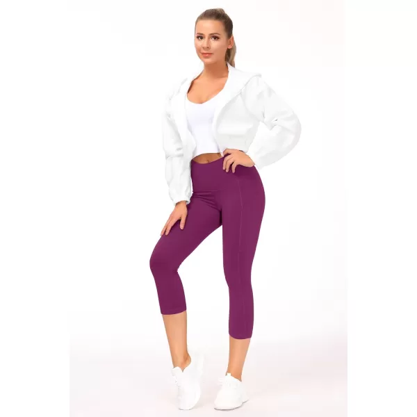 THE GYM PEOPLE Thick High Waist Capris Yoga Pants with Pockets Tummy Control Workout Running Yoga Leggings for WomenFuchsia