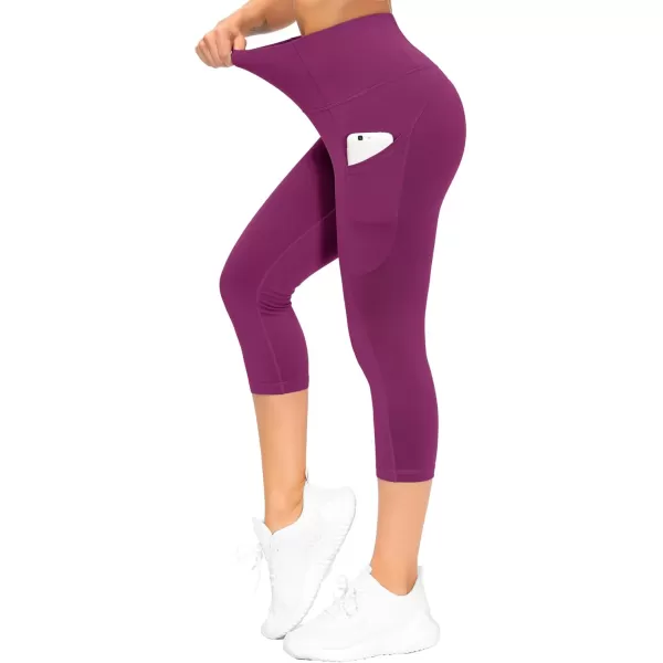 THE GYM PEOPLE Thick High Waist Capris Yoga Pants with Pockets Tummy Control Workout Running Yoga Leggings for WomenFuchsia