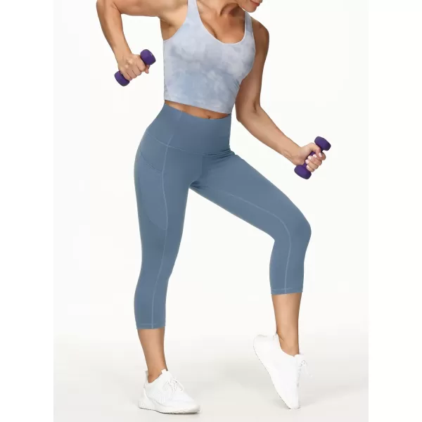 THE GYM PEOPLE Thick High Waist Capris Yoga Pants with Pockets Tummy Control Workout Running Yoga Leggings for WomenGrey Blue