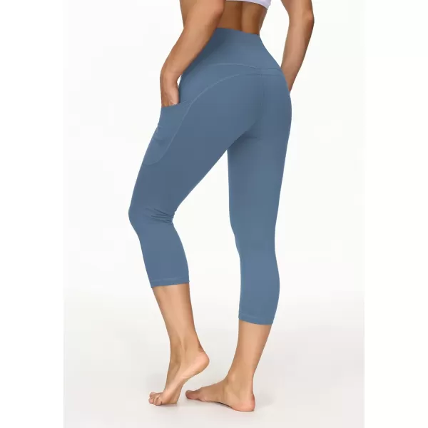 THE GYM PEOPLE Thick High Waist Capris Yoga Pants with Pockets Tummy Control Workout Running Yoga Leggings for WomenGrey Blue