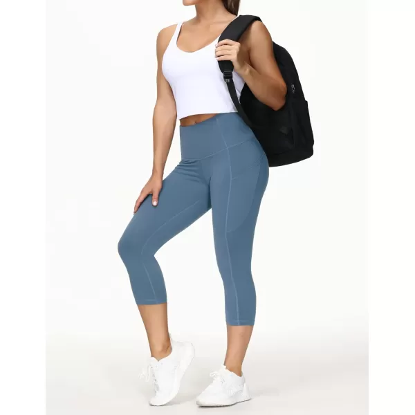 THE GYM PEOPLE Thick High Waist Capris Yoga Pants with Pockets Tummy Control Workout Running Yoga Leggings for WomenGrey Blue