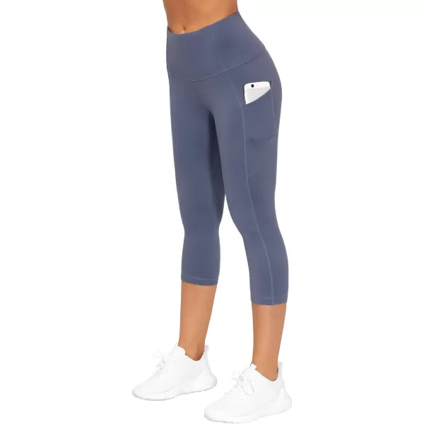 THE GYM PEOPLE Thick High Waist Capris Yoga Pants with Pockets Tummy Control Workout Running Yoga Leggings for WomenInk Blue