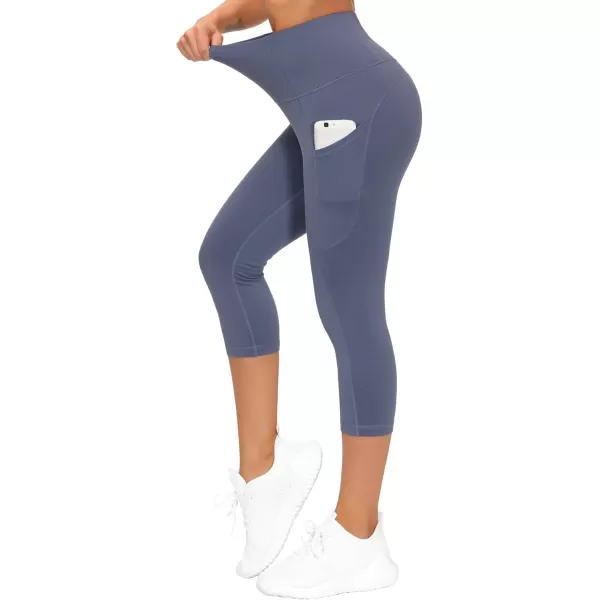 THE GYM PEOPLE Thick High Waist Capris Yoga Pants with Pockets Tummy Control Workout Running Yoga Leggings for WomenInk Blue