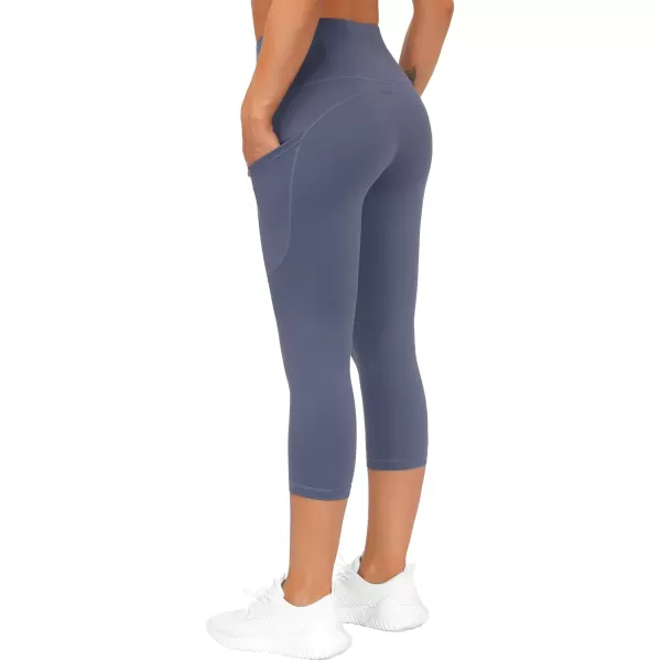 THE GYM PEOPLE Thick High Waist Capris Yoga Pants with Pockets Tummy Control Workout Running Yoga Leggings for WomenInk Blue