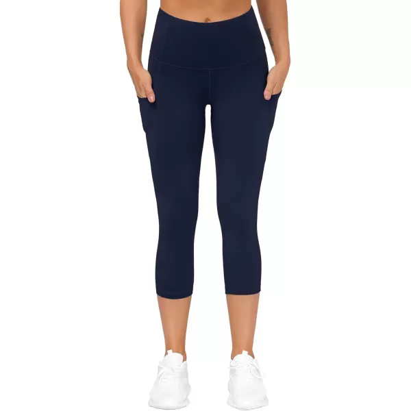 THE GYM PEOPLE Thick High Waist Capris Yoga Pants with Pockets Tummy Control Workout Running Yoga Leggings for WomenNavy Blue