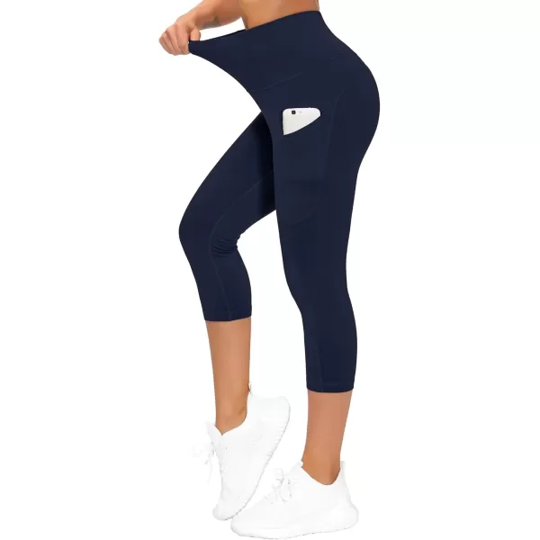 THE GYM PEOPLE Thick High Waist Capris Yoga Pants with Pockets Tummy Control Workout Running Yoga Leggings for WomenNavy Blue