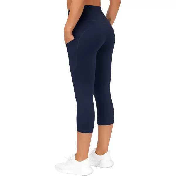 THE GYM PEOPLE Thick High Waist Capris Yoga Pants with Pockets Tummy Control Workout Running Yoga Leggings for WomenNavy Blue