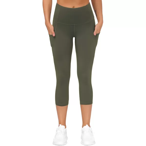 THE GYM PEOPLE Thick High Waist Capris Yoga Pants with Pockets Tummy Control Workout Running Yoga Leggings for WomenOlive Green
