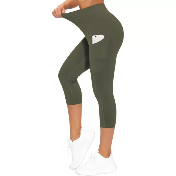 THE GYM PEOPLE Thick High Waist Capris Yoga Pants with Pockets Tummy Control Workout Running Yoga Leggings for WomenOlive Green