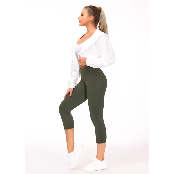 THE GYM PEOPLE Thick High Waist Capris Yoga Pants with Pockets Tummy Control Workout Running Yoga Leggings for WomenOlive Green