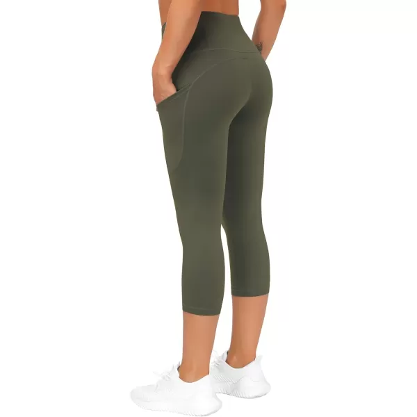 THE GYM PEOPLE Thick High Waist Capris Yoga Pants with Pockets Tummy Control Workout Running Yoga Leggings for WomenOlive Green