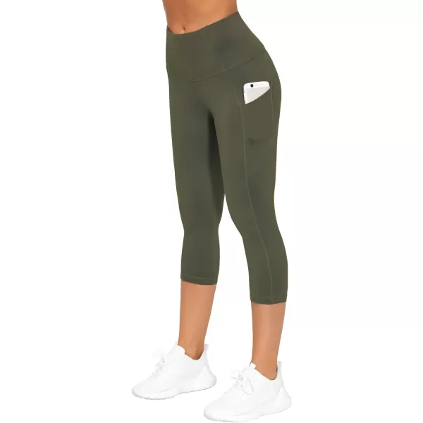 THE GYM PEOPLE Thick High Waist Capris Yoga Pants with Pockets Tummy Control Workout Running Yoga Leggings for WomenOlive Green