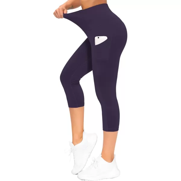 THE GYM PEOPLE Thick High Waist Capris Yoga Pants with Pockets Tummy Control Workout Running Yoga Leggings for WomenPureple