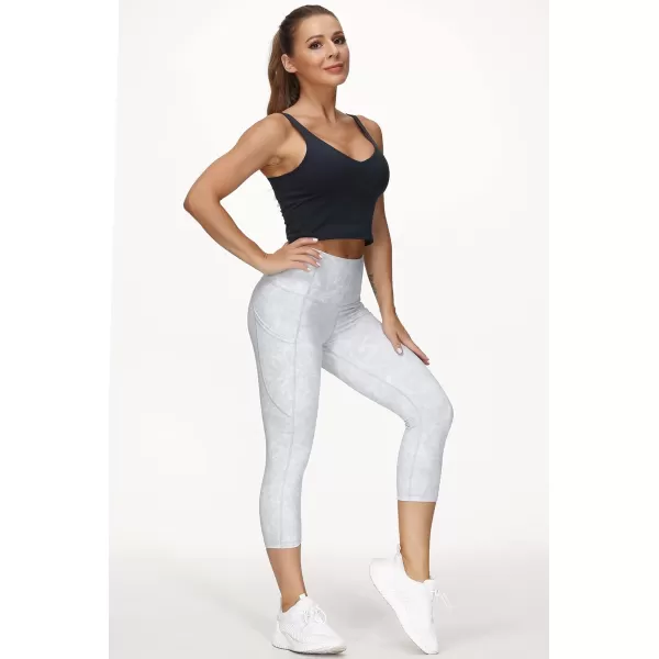 THE GYM PEOPLE Thick High Waist Capris Yoga Pants with Pockets Tummy Control Workout Running Yoga Leggings for WomenSilverWhiteGrey