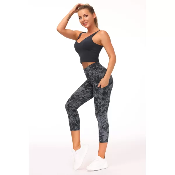 THE GYM PEOPLE Thick High Waist Capris Yoga Pants with Pockets Tummy Control Workout Running Yoga Leggings for WomenZcapris Gray Marble