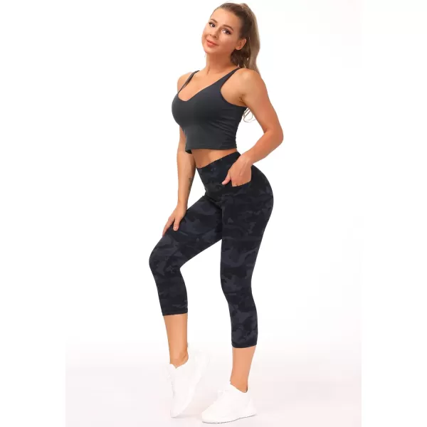 THE GYM PEOPLE Tummy Control Workout Capris Leggings with Pockets High Waist Athletic Yoga Pants for Women Running HikingBlueDark GreyBlack