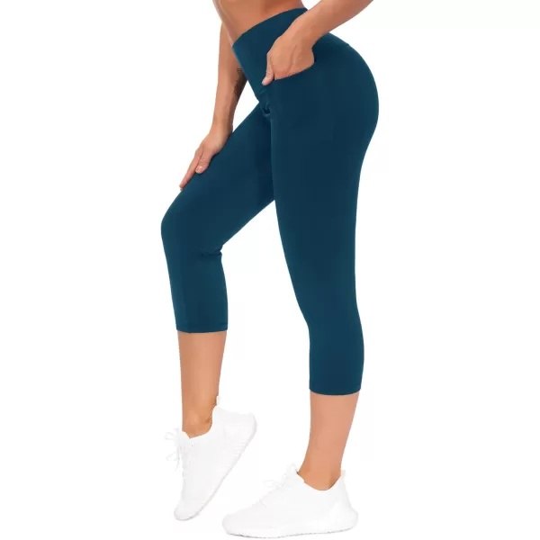 THE GYM PEOPLE Tummy Control Workout Capris Leggings with Pockets High Waist Athletic Yoga Pants for Women Running HikingDark Blue Green