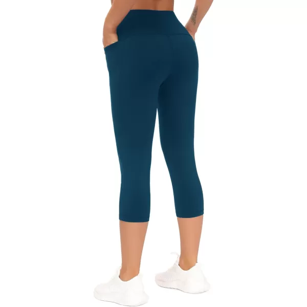 THE GYM PEOPLE Tummy Control Workout Capris Leggings with Pockets High Waist Athletic Yoga Pants for Women Running HikingDark Blue Green